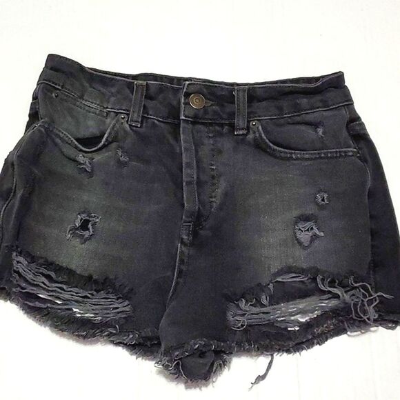 Topshop Moto Black High Waist Distressed Destroyed Denim Shorty Shorts  26 - Picture 2 of 11